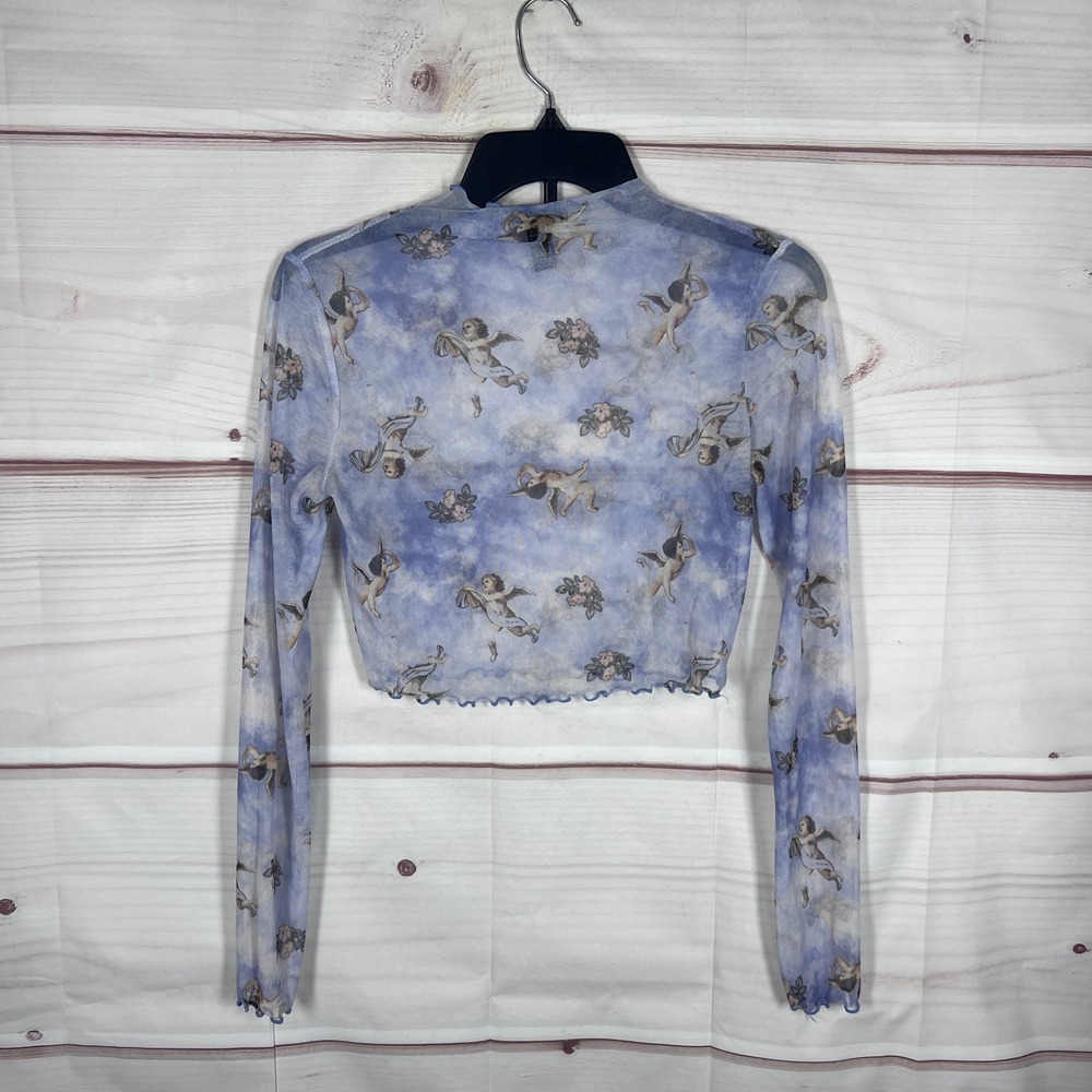 PUBLIK Angel Mesh Crop Top Womens Size S Blue Cherub Print Long Sleeve Y2K Style